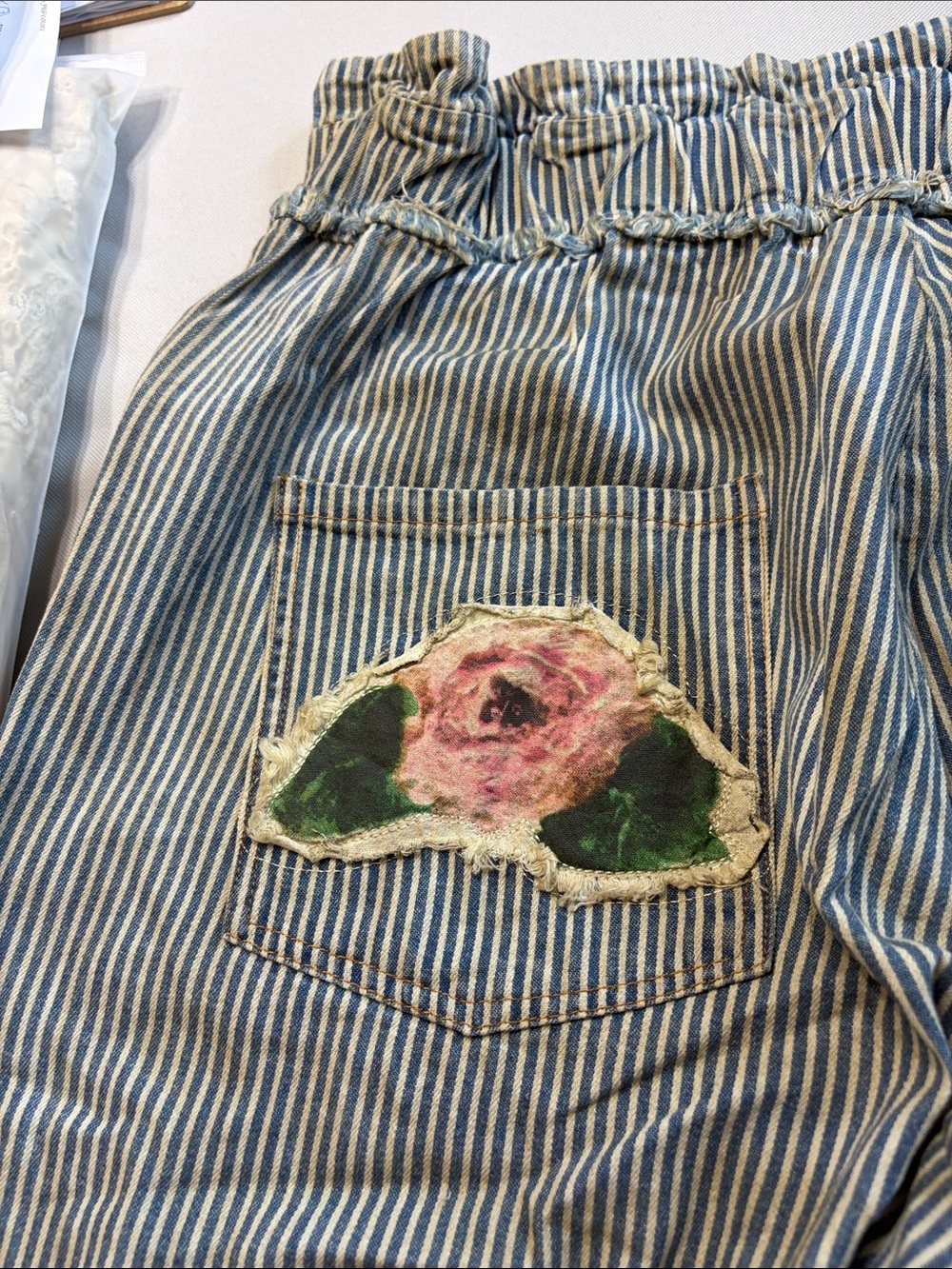 NWT A RARE BIRD Bohemian Vintage Rose Ticking High Waist Lace Denim Blue Stripe - Picture 14 of 16